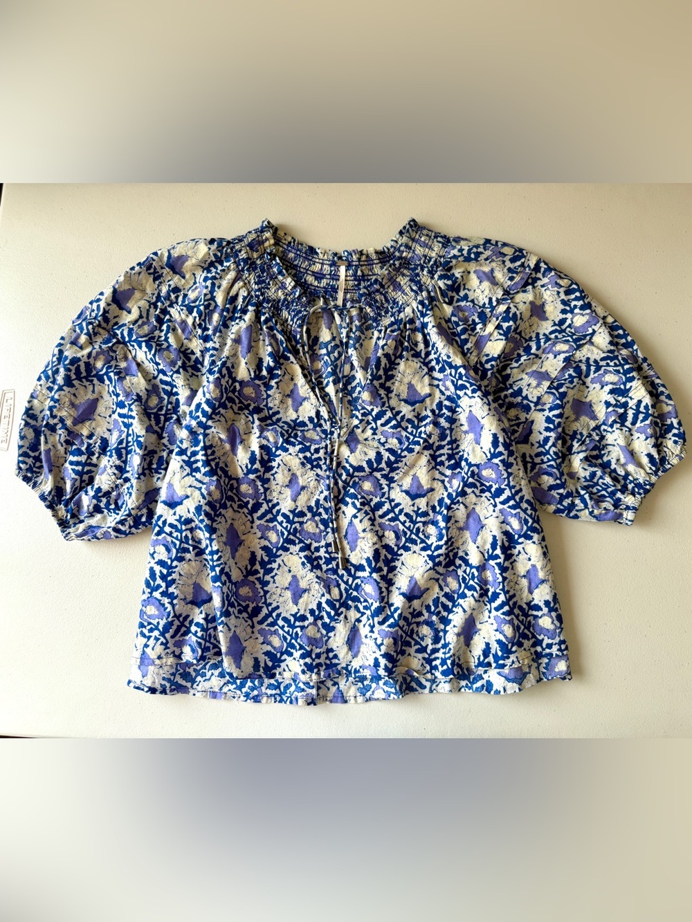 Free People Cotton Willow Printed Boho Blouse Smock-Neck Short Puff Sleeve
